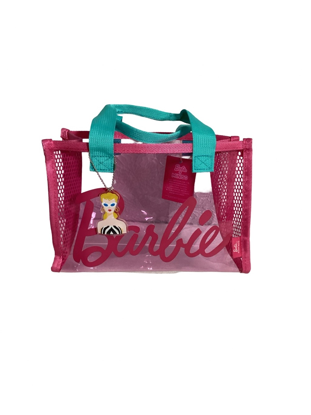 Miniso Barbie 65 Pink Clear & Mesh Sides Small Logo Tote with Bag Charm NEW